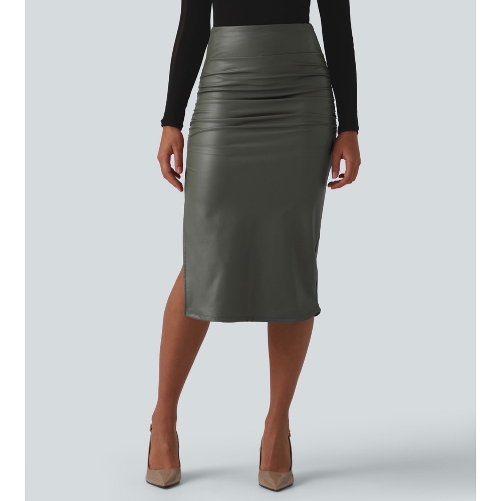 Halara Olive Faux Leather Ruched Midi Skirt High Waist Tummy Control XS NWT